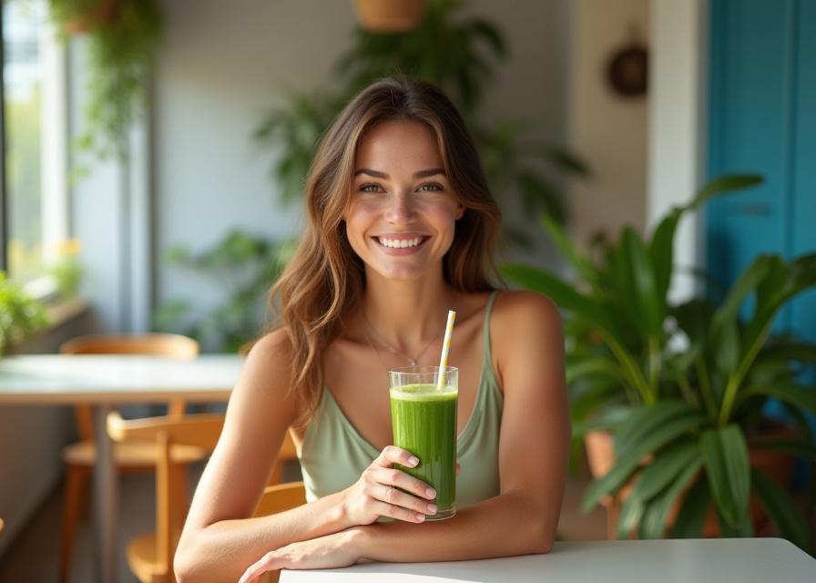 Junger Reisender genießt einen Green Smoothie in einem hellen, modernen Lounge-Bereich